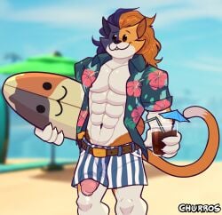 1boy 2022 :3 abs aloha_shirt anthro beach belt beverage biceps black_body black_fur bodily_fluids bottomwear bulge calico_cat churrosolixoso clothed clothing day digital_media_(artwork) domestic_cat epic_games eyebrows felid feline felis fortnite fur genital_fluids genitals hair hi_res holding_beverage holding_object humanoid_genitalia humanoid_penis male male_only mammal meowscles meowscles_(fortnite) mottled muscular muscular_anthro muscular_male navel nipples open_clothing open_shirt open_topwear orange_body orange_fur outside pattern_clothing pattern_shirt pattern_topwear pecs penis penis_through_leghole piebald poking_out portrait precum precum_drip precum_dripping purradise_meowscles sand seaside shirt shorts sky smile solo surfboard teeth three-quarter_portrait topwear video_games white_body white_fur