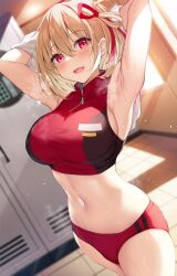 1girls armpits arms_up blonde_hair bloomers blush breasts buruma female huge_breasts indoors large_breasts locker_room looking_at_viewer lycoris_recoil navel nishikigi_chisato red_eyes short_hair sleeveless smile steam steaming_body sweat sweaty_body xe_(execut3r)