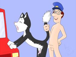 2boys anal anal_penetration anal_sex anthro anthro_penetrated barbed_penis blue_background car cat closed_eyes cum_in_ass domestic_cat feline gay glasses hat holding_tail human human_on_anthro human_penetrating_anthro interspecies j-neko jess_the_cat male/male male_on_anthro male_only male_penetrated male_penetrating mouth_open nude open_mouth penis_size_difference postman_pat precum_drip raised_tail red_hair rule_63 what yaoi