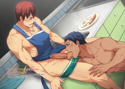 2boys abs aomine_daiki blue_eyes erection gay kagami_taiga kuroko_no_basuke male male_only multiple_boys muscles oral pecs penis red_hair yaoi zawar379