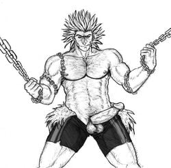 1boy abs balls bara biceps big_balls big_penis black_and_white boner erection hairy hairy_arms hairy_body hairy_chest hairy_legs human hunter_x_hunter kamui_jack male male_only monochrome muscle muscles muscular muscular_male partially_clothed penis pubes pubic_hair restrained shirtless solo solo_focus solo_male standing testicles uvogin veiny_penis white_hair