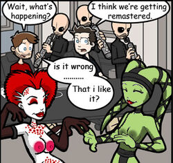 2d 2girls 5boys alien alien_humanoid areolae arm_up arms_up background bald band beard behind_the_scenes being_watched black_clothing black_eyes black_sclera breaking_the_fourth_wall brown_hair burnie_burns closed_eyes clothed clothed_male clothing dancing dialogue edit edited english_text ereaper_edit exhibitionism eyeshadow eyewear facial_hair front_view fully_clothed glasses gloves green_areola green_nipples green_skin hair happy headgear horn humanoid humor large_areolae lips lipstick long_gloves looking_at_viewer makeup matt mostly_nude multiple_boys multiple_girls naked_gloves nipples nude_female nudity oola open_mouth pale-skinned_female pale_skin partially_clothed pink_nipples playing_music public public_nudity public_topless purple_nipples question red_eyeshadow red_hair red_lipstick return_of_the_jedi rooster_teeth rvb rystall_sant short_hair smile speech_bubble spread_arms standing star_wars tentacle tentacle_hair text theelin topless topless_female twi'lek webcomic white_body wraps