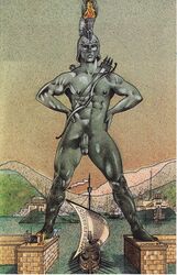 abs armor arrows average_sized_penis between_legs big_legs big_penis big_thighs bow_(weapon) city colossus_of_rhodes erect_nipples flaccid_penis giant greek_mythology hands_on_hips harbor helios helmet legs_held_open looking_at_viewer macro male muscle muscles muscular muscular_male mythology nude pecs quads quiver retracted_foreskin shin_guards ship statue thick_legs thick_thighs torch