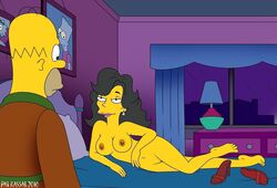 breasts clothes color female homer_simpson human indoors julia_(the_simpsons) lying male night nipples nude on_side pat_kassab tagme the_simpsons vulva