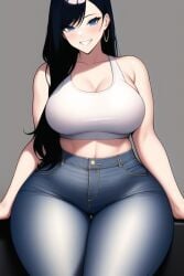 ai_generated black_hair blue_eyes curvy curvy_figure gigantic_breasts high_waisted_pants huge_ass huge_breasts huge_hips long_hair nai_diffusion seductive_smile stable_diffusion unknown_character white_tank_top wide_hips