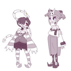 2girls alternate_body_type alternate_breast_size attribute_swap big_breasts body_type_swap cerebella female inksgirls leviathan_(skullgirls) shoulderless_shirt shoulderless_topwear skullgirls small_breasts squigly