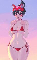 2d 2d_(artwork) autumn_ghost big_breasts bikini drawn female female_only kiriko_(overwatch) overwatch overwatch_2 revealing_clothes skimpy_clothes swimsuit swimwear thick_thighs thong