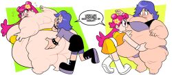 2girls ami_onuki bbw big_ass big_belly big_breasts blue_eyes blue_hair blush cartoon_network embarrassed fat_shaming female grabbing green_background hi_hi_puffy_amiyumi hyper_belly obese obese_female overweight overweight_female pink_eyes pink_hair ssbbw superspoe teasing teasing_another thick_thighs underwear weight_gain white_background wide_hips yellow_background yumi_yoshimura