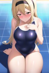 1girls ai_generated black_headband blonde_hair cleavage female from_above nai_diffusion outdoors outside pool poolside saijou_claudine school_swimsuit shoujo_kageki_revue_starlight sitting solo stable_diffusion swimsuit thighs