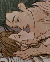 1boy 1girls aerith_gainsborough blue_eyes eye_contact face_to_face female final_fantasy final_fantasy_vii green_eyes hand_in_hair intimate looking_at_partner male nose_to_nose nude open_mouth passionate scar_on_cheek straight suggestive sweat zack_fair