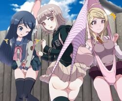 akamatsu_kaede alternate_version_available ass blush danganronpa danganronpa:_trigger_happy_havoc danganronpa_1 danganronpa_2:_goodbye_despair danganronpa_v3 embarrassed hanging_wedgie maizono_sayaka nanami_chiaki panties straight_hair super_danganronpa_2 thighhighs thighs upskirt uwa~a wedgie