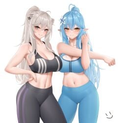 2girls ahoge animal_ears blue_hair breasts female hairclip hand_on_hip hololive hololive_gen_5 hololive_japan huge_breasts kemonomimi large_breasts light-skinned_female light_skin lion_ears lion_girl long_ears long_hair pointy_ears shishiro_botan silver_eyes slim_waist smile sports_bra sportswear stretching thick_thighs thighs tight_clothing virtual_youtuber wei_xiao white_hair wide_hips workout_clothes yellow_eyes yoga_pants yukihana_lamy