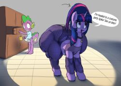 anthro ass_cleavage big_butt butt_crack clothing dragon equid equine female feral fishnet fishnet_legwear friendship_is_magic genitals hasbro hi_res horn large_ass legwear male mammal my_little_pony panties parumpi penis spike_(mlp) tenting thick_thighs twilight_sparkle_(mlp) underwear unicorn