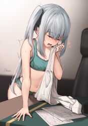 black_ribbon bra breasts closed_eyes clothed_masturbation crotch_rub desk driftkingtw female female_masturbation green_bra green_panties grey_hair hair_ribbon holding holding_clothes holding_shirt kantai_collection kasumi_(kantai_collection) long_hair masturbation masturbation_through_clothes navel open_mouth panties pussy_juice ribbon shirt side_ponytail small_breasts smelling smelling_clothes solo table_humping training_bra trembling underwear underwear_only