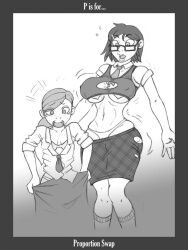 2girls attribute_swap big_breasts female flat_chest short_female tall_female thick_thighs wide_hips