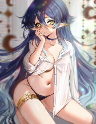 1girls blue_hair blush breasts choker cute elf elf_ears female female_only genshin_impact hand_on_cheek hand_on_head layla_(genshin_impact) light-skinned_female light_skin looking_at_viewer pajamas panties rosebell_(artist) solo yellow_eyes