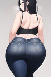 ai_generated black_hair black_tank_top blue_eyes curvy curvy_figure gigantic_ass high_waisted_pants huge_ass huge_breasts long_hair looking_at_viewer nai_diffusion seductive_smile shiny_clothes shiny_hair stable_diffusion unknown_character