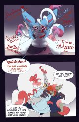 big_breasts breasts cinderace dani_(dewwydartz) dewwydarts dewwydartz dialogue eeveelution female hisuian_zoroark john_(dewwydartz) malice_(dewwydartz) pokémon_(species) pokemon pokemon_(species) smile speech_bubble sylveon text zoroark