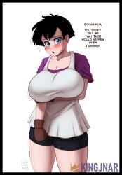 arm_under_breasts bike_shorts black_hair blue_eyes blush dragon_ball dragon_ball_z embarrassed huge_breasts implied_breast_expansion kingjnar short_hair son_gohan tight_clothing videl