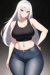 ai_generated black_tank_top blue_eyes curvy curvy_figure fit gigantic_breasts high_waisted_pants huge_ass huge_breasts huge_hips long_hair nai_diffusion seductive_smile stable_diffusion unknown_character white_hair wide_hips