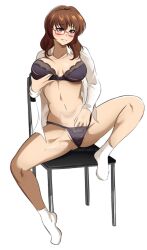 1girls ankle_socks anklehighs azmiyudista blush brown_eyes brown_hair glasses long_hair masturbation open_shirt original original_character sitting socks underwear watermark white_socks zuyuzuyu6