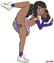 1boy 1girls cheerleader dark_skin dark_skinned_female deliman jackie_avalon jupiter-men leg_lift no_panties peace_sign red_lipstick teenager twintails v vaginal_penetration vaginal_sex webtoon