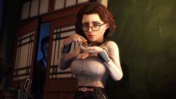 3d alternate_breast_size big_breasts bioshock bioshock_infinite elizabeth_comstock glasses ponytail shiftop short_skirt tagme white_shirt