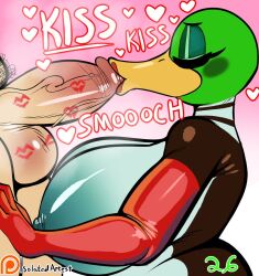 anatid anseriform anthro armwear avian beak big_breasts bird breasts brown_body closed_eyes clothing duck duck_hunt duck_hunt_duck duo elbow_gloves female genitals gloves green_body handwear heart hi_res human isolatedartest kiss_mark_on_balls kiss_mark_on_penis kissing lipstick makeup male male/female mammal multicolored_body nintendo nipples penis penis_kissing pubes sound_effects vein veiny_penis video_games white_body