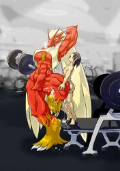 abs absurd_res anthro anthro_penetrated anthrofied armpit_tuft bench_press big_breasts blaziken blue_eyes bodily_fluids breasts brown_hair chest_tuft claws closed_eyes cum cum_drip cum_on_ground cum_on_leg cum_string detailed_background dripping dumbbell excessive_cum excessive_genital_fluids exercise feathers female generation_3_pokemon genital_fluids gym hair hand_behind_head hi_res human human_on_anthro human_penetrating human_penetrating_anthro inside interspecies ketsuneko knee_sex larger_anthro larger_female larger_penetrated light-skinned_male looking_pleasured male mammal muscular muscular_anthro muscular_female nintendo nude on_one_leg open_mouth penetration photo_background pokémon_(species) pokemon pokemon_(species) pokephilia pubes red_body red_feathers sex shaking size_difference small_waist smaller_human smaller_male smile standing steam thick_thighs tuft unusual_penetration video_games weightlifting weights wide_hips workout yellow_body yellow_feathers yellow_sclera