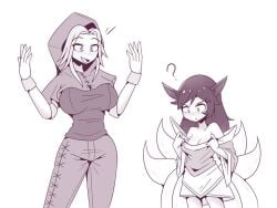 2girls ahri alternate_breast_size alternate_height attribute_swap big_breasts blush female female_only inksgirls league_of_legends luxanna_crownguard open_mouth size_difference small_breasts