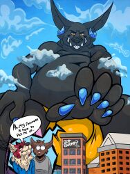 absurd_res anthro anubian_jackal awoogasm belly big_belly black_body blue_horn building bulge canid canine canis clothing cloud deity detailed_bulge digital_media_(artwork) ebony_(awoogasm) egyptian_mythology english_text fur group hair hi_res horn jackal looming macro male mammal middle_eastern_mythology mythology overweight overweight_male red_body red_fur sky smile text vox_(awoogasm) wolf yellow_eyes