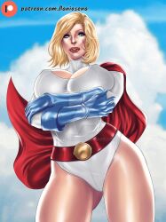 belt blonde_hair blue_eyes cape cleavage cleavage_cutout dc dc_comics ed_benes_studio erect_nipples gloves huge_breasts lanio_sena leotard medium_hair power_girl voluptuous