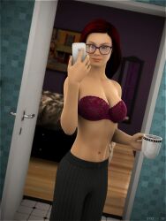 bed bra cellphone cup glasses large_breasts lingerie mirror red_lingerie sydgrl3d