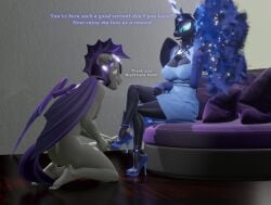 3d_(artwork) absurd_res alicorn anklet anthro anthrofied armor bat_pony blue_eyes clothing dark_persona dialogue digital_media_(artwork) english_text equid equine ethereal_hair feet footwear friendship_is_magic genitals hasbro headgear headgear_only helmet helmet_only hi_res high_heels horn humanoid_feet jewelry kneeling mammal membrane_(anatomy) my_little_pony night_guard_(mlp) nightmare_moon_(mlp) penis princess_luna_(mlp) pupils royal_guard_(mlp) shadart slit_pupils text wings