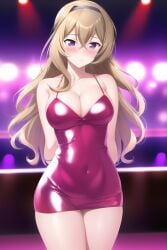 1girls ai_generated bar black_headband blonde_hair blush breasts cleavage club cowboy_shot dress embarrassed female indoors long_hair nai_diffusion nightclub pink_dress saijou_claudine shiny short_dress shoujo_kageki_revue_starlight solo stable_diffusion standing thighs tight_dress