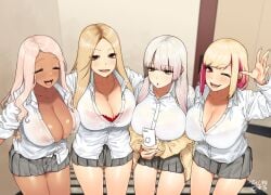 4girls :3 areolae bangs birthmark black_eyes blonde_female blonde_hair blonde_hair_female blurry blurry_background blush blushing_at_viewer bra bra_cups_sticking_out bra_peek bra_through_clothes bra_visible_through_clothes breasts brown-skinned_female brown_skin bulging_breasts bursting_breasts cellphone cleavage clenched_teeth closed_eyes cowboy_shot dark-skinned_female dark_skin electronic_device enormous_breasts eye_contact eyebrows_visible_through_hair fangs fingernails friends ganguro green_eyes green_eyes_female grey_skirt group gyaru hand_up happy happy_face happy_female highres hishigata holding holding_cellphone holding_phone holding_smartphone huge_breasts huge_cleavage indoors jewelry kogal kuro_gyaru legs light-skinned_female light_blush long_fingernails long_hair long_hair_female looking_at_viewer makeup mascara massive_breasts microskirt miniskirt mobile_phone mole mole_under_mouth multicolored_hair multiple_females multiple_girls nail_polish necklace one_eye_closed original original_characters parted_lips phone pleated_skirt red_bra red_eyes red_eyes_female school school_uniform schoolgirl_uniform schoolgirls see-through see-through_clothing short_hair short_hair_female short_skirt skirt smartphone smile speech_bubble squished_breasts stairs stairwell standing streaked_hair swept_bangs teeth thighs two-tone_hair unbuttoned untucked_shirt upper_teeth voluptuous waving waving_at_viewer waving_hand wink winking_at_viewer