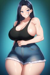 ai_generated arm_muscles black_hair black_tank_top blue_eyes gigantic_breasts hot_pants huge_ass huge_breasts nai_diffusion seductive_smile shiny_hair shiny_skin stable_diffusion thick_thighs unknown_character wide_hips