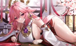 1girls breasts clothed eternity_(shadeh) female fox_ears fox_girl genshin_impact hips huge_breasts kitsune large_breasts light-skinned_female light_skin long_hair miko pink_hair purple_eyes shrine_maiden slim_waist solo solo_female thick_thighs thighs wide_hips yae_miko