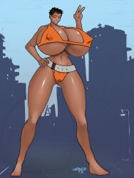 1girls bikini breasts brown_hair celebrity clothed clothing dark_skin flaccid giantess halle_berry huge_breasts human hyper hyper_breasts mostly_nude short_hair solo solo_female standing tagme v_sign xxxbattery