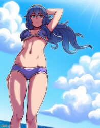 1girls akairiot alternate_costume arm_up artist_name artist_signature ass_visible_through_thighs bikini blue_eyes blue_hair breasts clothed clothing cloud female female_only fire_emblem fire_emblem_awakening from_below light-skinned_female light_skin long_hair low-angle_view lucina_(fire_emblem) medium_breasts navel nintendo ocean outdoors pinup purple_bikini purple_swimsuit sky smile solo underboob water