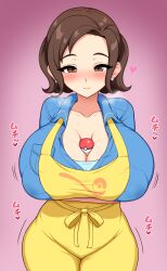 1girls aikome_(haikome) apron breasts brown_eyes brown_hair cleavage clothed female haikome hips hourglass_figure huge_breasts light-skinned_female light_skin looking_at_viewer mature_female medium_hair milf mother mother_(pokemon_sv) nintendo object_between_breasts pokeball pokemon pokemon_sv ponytail slim_waist thick_thighs thighs top_heavy wide_hips