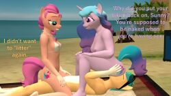 16:9 3d_(artwork) anthro anthrofied beach bikini breasts clothed clothed/nude clothing digital_media_(artwork) english_text equid equine facesitting female group group_sex hasbro hi_res hitch_trailblazer_(mlp) horn izzy_moonbow_(mlp) male male/female mammal mlp_g5 my_little_pony nipple_outline nipples nude papadragon69 seaside sex sunny_starscout_(mlp) swimwear text threesome trio unicorn widescreen