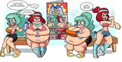 2girls attribute_swap big_belly big_breasts female female_only flat_chest hyper_belly overweight overweight_female superspoe thick_thighs weight_gain weight_loss wide_hips