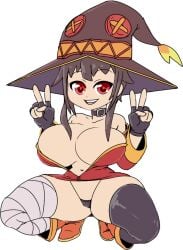 barely_clothed big_breasts big_thighs choker hiplover huge_ass huge_breasts huge_thighs kono_subarashii_sekai_ni_shukufuku_wo! looking_at_viewer megumin peace_sign smiling_at_viewer squatting tagme tra169 wide_hips