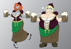 2girls attribute_swap automaton beer_mug big_belly big_breasts female female_only overweight overweight_female robot thin_waist unagitakanashi