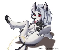 4_toes absurd_res anthro anus black_anus black_nails black_nipples black_pawpads black_pussy bodily_fluids breasts canid canid_demon chest_tuft claws colored_nails demon ear_piercing ear_ring eye_roll feet female foot_focus fur genital_fluids genitals graham_(artist) grey_body grey_eyes grey_fur hair hellhound helluva_boss hi_res legs_up looking_pleasured loona_(helluva_boss) lying mammal nails nipples on_back open_mouth pawpads peeing piercing pubes pussy red_sclera ring_piercing silver_hair soles solo spread_legs spreading teeth toe_claws toes tongue tongue_out tuft urine urine_stream watersports white_body white_fur