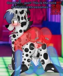 101_dalmatian_street 101_dalmatians anal anal_sex anthro ass big_butt big_penis bisexual bisexual_sandwich blush bodily_fluids canid canine canis clothing clubstripes cum cum_in_ass cum_in_pussy cum_inside dalmatian dialogue disney domestic_dog double_penetration dvan_(character) dvan_arts_(artist) ejaculation fan_character female floor genital_fluids genitals group group_sex hi_res horny male male/female male/male mammal nude penetration penis phantom pussy sandwich_position sex solo threesome trio vaginal_penetration vaginal_penetration