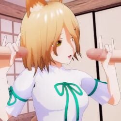 1girls 2boys 2boys1girl 3d animated female handjob kissing_penis kitsune_sign kudamaki_tsukasa licking_penis male mofumoko5 necoi necoi5 no_sound tagme touhou video