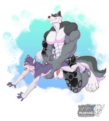 abs all_fours anal anal_sex anthro athletic balls big_balls big_biceps big_dom_small_sub big_muscles big_pecs blue_eyes blush bodily_fluids canid canine canis claws clenched_teeth closed_eyes cum cum_splatter cumshot doggy_style domestic_dog dominant duo ejaculation from_behind_position fur furrowed_brow genital_fluids genitals grey_body grey_fur grimace hexagon hi_res huge_pecs husky hybrid kneeling kneeling_sex looking_pleasured male male/male mammal muscular muscular_male nordic_sled_dog onomatopoeia open_mouth orgasm pecs penetration sex size_difference sound_effects spitz tattoo teeth text thrusting vallhund white_body white_fur wolf wolfdog