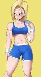 1girls 2020s 2022 abs adult android android_18 ascended/redeemed_villainess biceps blonde_hair blue_bra blue_eyes blue_shorts blush bra breasts cleavage clothing collarbone commentary crop_top dolphin_shorts dragon_ball dragon_ball_super echosaber english_commentary female female_only front_view fully_clothed gynoid heroine highres light-skinned_female light_skin looking_away medium_breasts midriff mixed_emotions muscles muscular muscular_female navel pale_skin serious short_hair shorts side_slit simple_background solo solo_female sports_bra sportswear standing stomach sweat sweaty_legs text_on_bottomwear tomboy toned two_tone_bottomwear two_tone_bottomwear_(blueandwhite) underwear wristband wristwear yellow_background